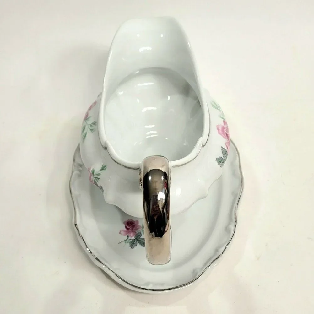 Home‎ Arts ENCHANTED ROSE Pink Gravy Boat with Attached Underplate Germany
